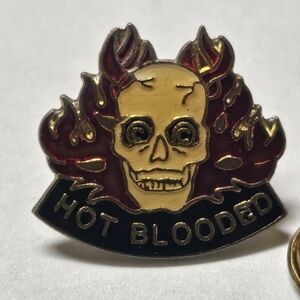 Vintage Hot Blooded Skull Flame Fire Skeleton Head 1986 Lapel Hat Pin Humor